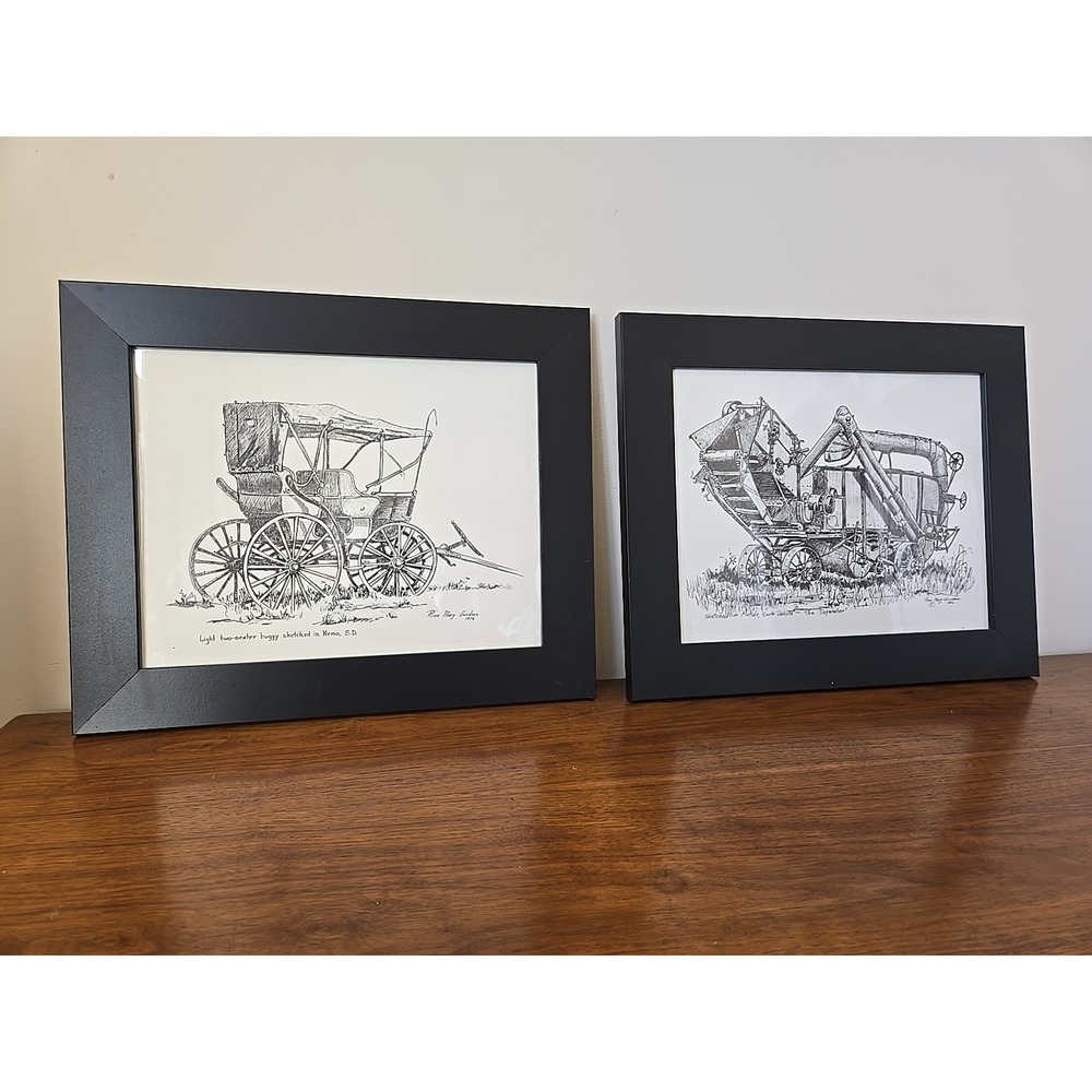 Rose Mary Goodson Vintage Pencil Charcoal Art Prints Buggy Separator Framed Set
